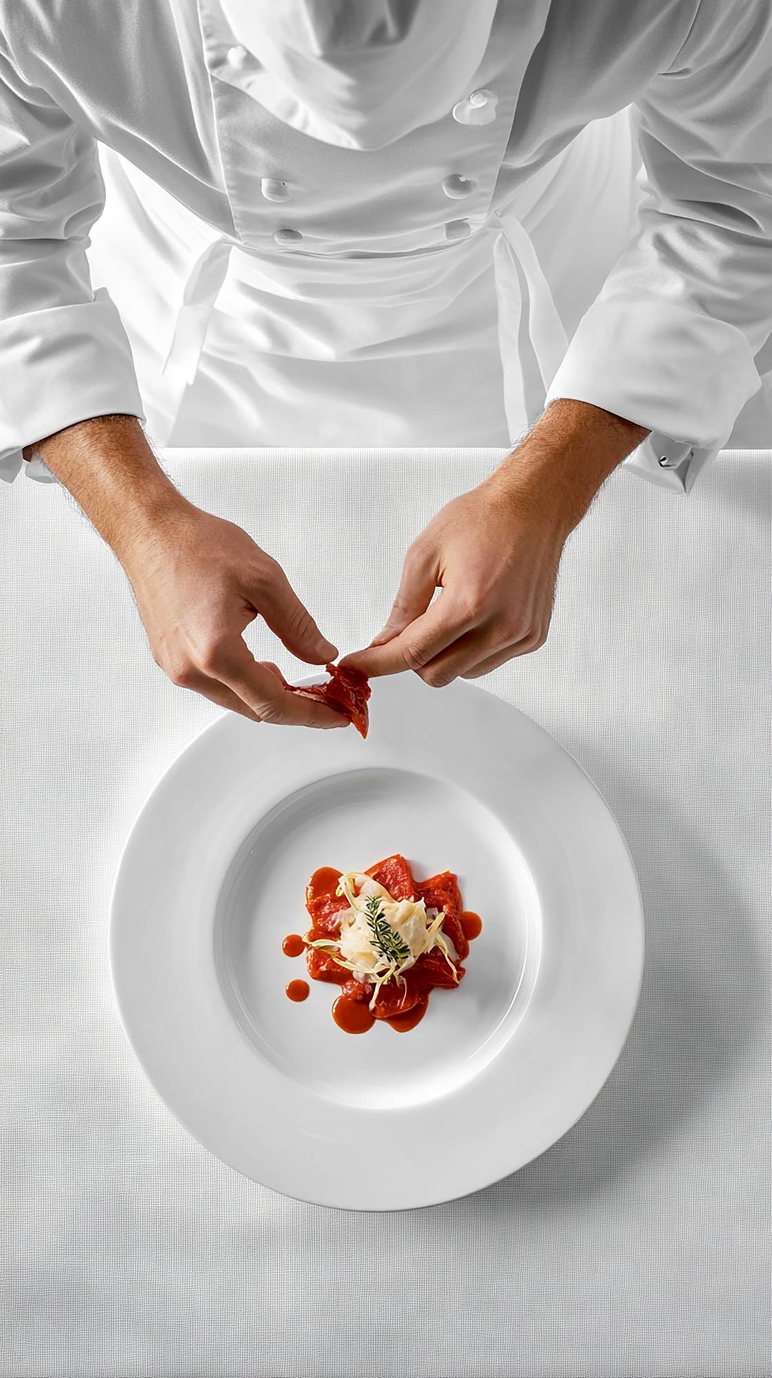 Chef preparing plated dish on rustic table